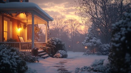 Snow-covered Cozy Home at Sunset in Winter Evening