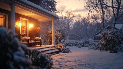 Snow-covered Cozy Home at Sunset in Winter Evening