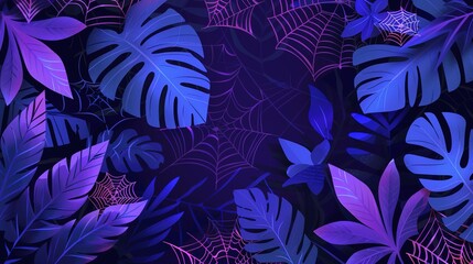 Neon Purple and Blue Tropical Leaves with Spider Webs