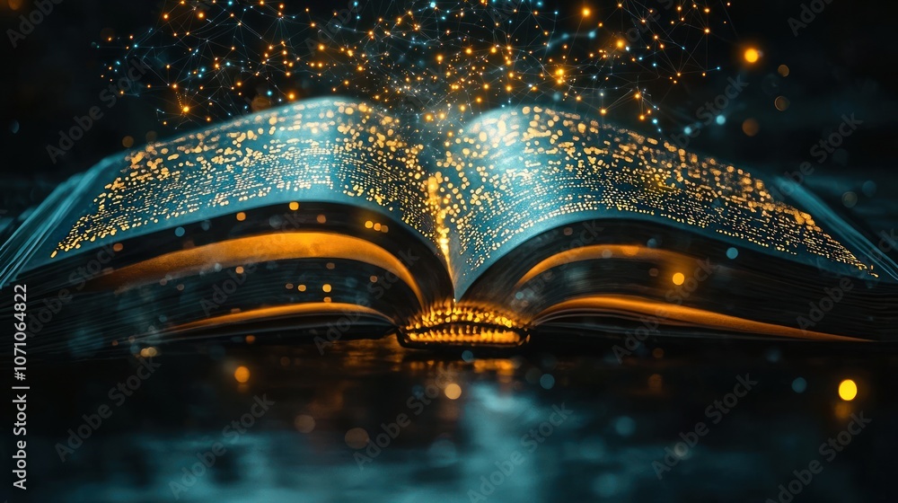 Poster Open Book with Glowing Lights and Abstract Network Pattern