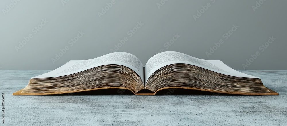 Poster open book with pages spread wide on a grey surface