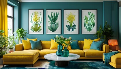 modern living room. The layout features a large, mustard-yellow sectional sofa adorned with a mix of yellow and teal throw pillows