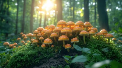 Vibrant Mushrooms Growing in a Soft Forest Light