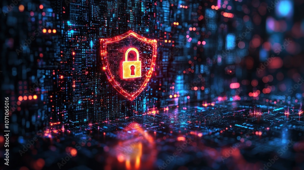 Poster Digital Security Shield with Lock on a Network Background