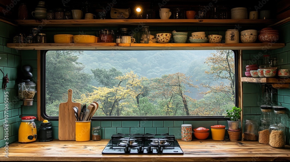 Poster a warm kitchen filled with colorful jars and rustic utensils offers a stunning view of an autumn for