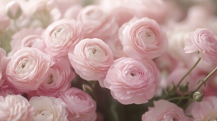 Fototapeta premium A large bouquet of pale pink ranunculus flowers surrounded by delicate pink roses in a soft pastel aesthetic setting