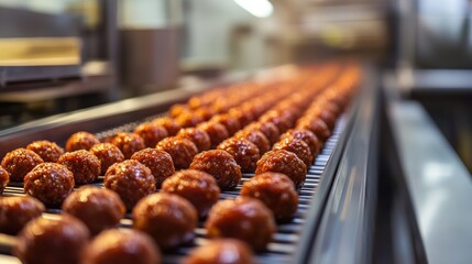 Production of meatballs on a conveyor belt in a busy food processing facility during daylight hours