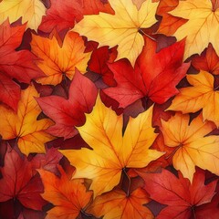 Fototapeta premium A vibrant watercolor illustration capturing the essence of autumn leaves in bright yellow, red, and orange hues, evoking the beauty of fall, destruction of life, depression