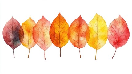 Colorful watercolor illustration of autumn leaves showcasing yellow, red, and orange hues against a white background