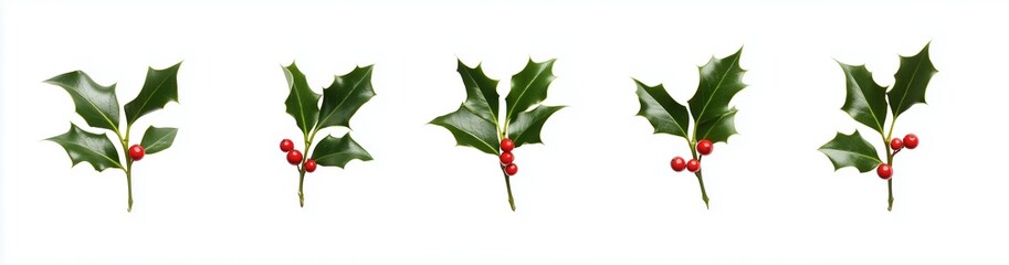 A set of five vibrant holly leaves with bright red berries for festive decoration