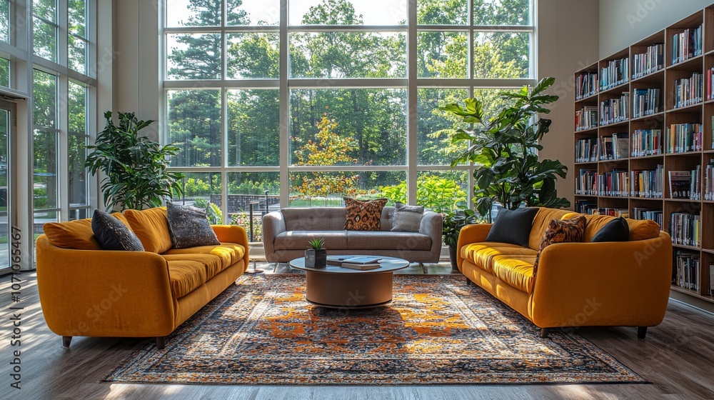 Poster This inviting reading area features two bright yellow sofas arranged around a circular coffee table. Large windows flood the space with natural light, showing scenic greenery outside.