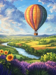 Fototapeta premium A Joyful Journey: A Hot Air Balloon Above Vibrant Countryside and Rolling Hills