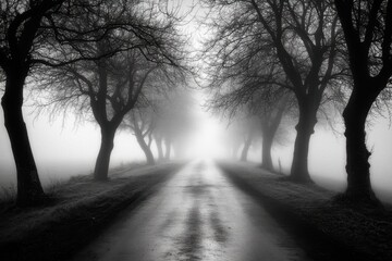 Abandoned Road Through Fog: A long, empty road disappearing into thick fog