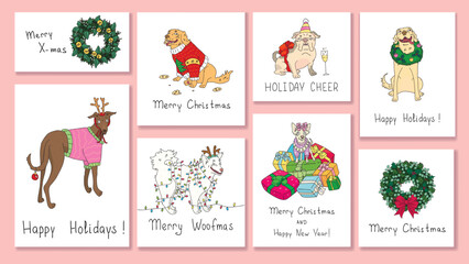 colorful bright vector set of cards with drawn funny dogs with christmas accessories