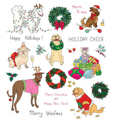 colorful bright vector set of drawn funny dogs with Christmas accessories