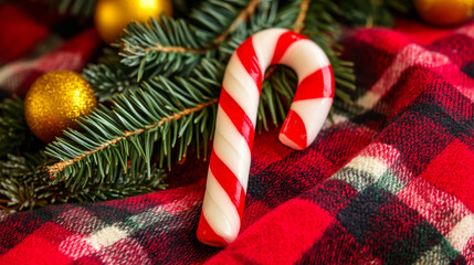 Candy cane on plaid, surrounded by pine branches.