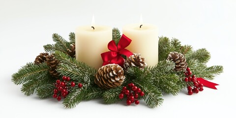 Celebrating the season with candles in a festive green wreath with red accents