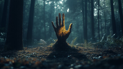 A golden hand emerges from the forest floor.