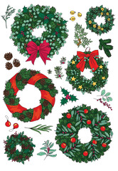 colored vector set of drawn Christmas wreaths