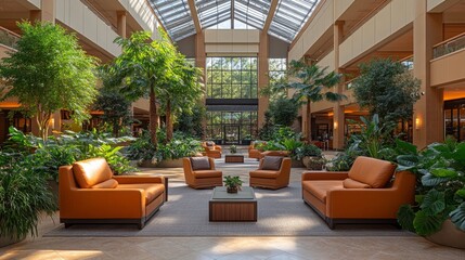 Fototapeta premium An elegant lounge area features plush orange seating surrounded by lush greenery, showcasing a bright and inviting atmosphere. The glass ceiling lets in natural light, enhancing the tropical feel.