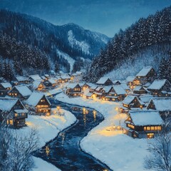 Snow-covered village with glowing windows and winter illumination at dusk, festive holiday scene