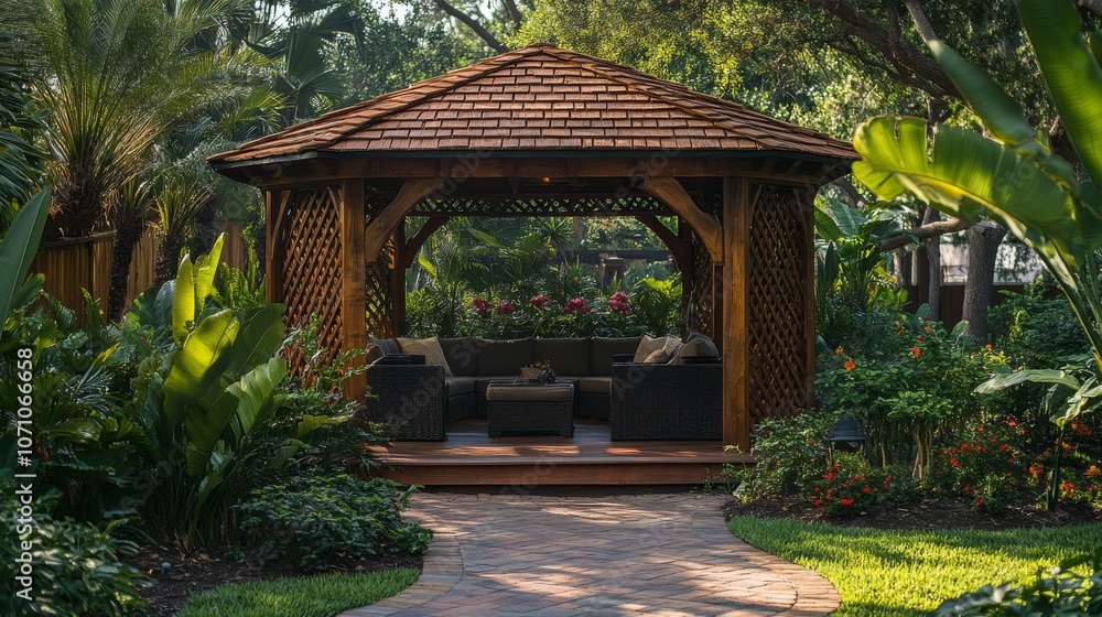 Poster the inviting gazebo features comfortable seating and is nestled among vibrant plants and flowers, cr