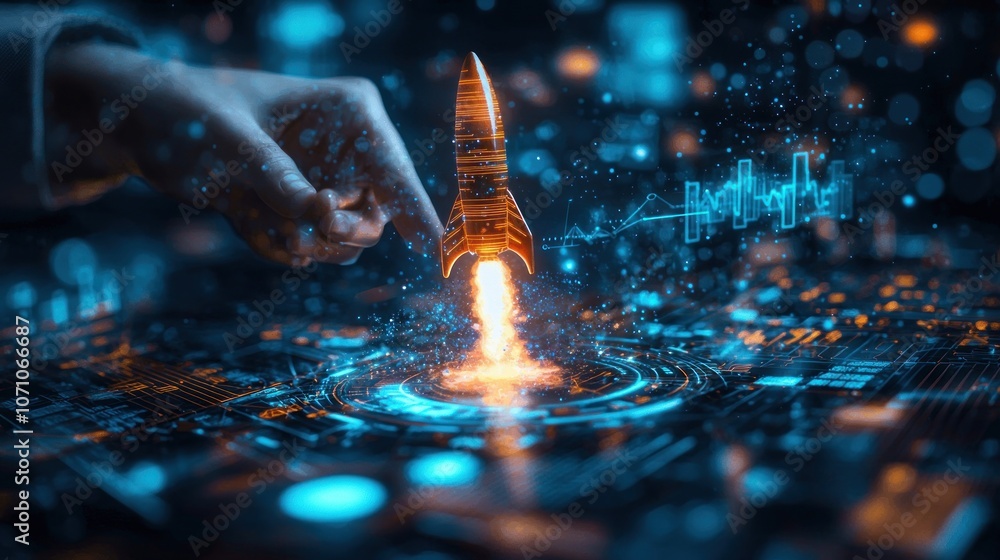 Poster hand launching a rocket on a futuristic digital interface