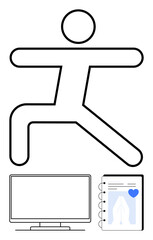 Stick figure in yoga pose over monitor and calendar with heart on page. Ideal for wellness, lifestyle, fitness, digital planning, mindfulness, relaxation, productivity. Line metaphor