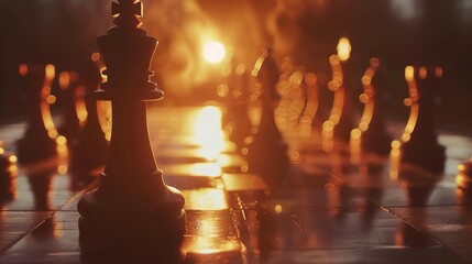 A Silhouetted Chess King on a Board with a Blurred Sunset Background