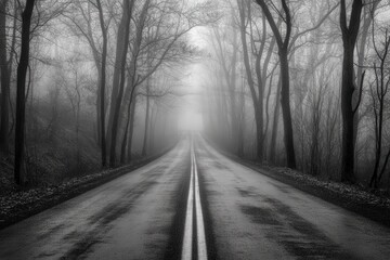 Abandoned Road Through Fog: A long, empty road disappearing into thick fog
