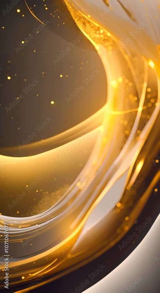Poster 3d rendering of a glowing white and gold particle wave with a dark background 4k vertical