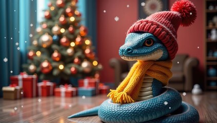 A cozy winter scene featuring a charming blue snake with a festive hat and scarf, surrounded by holiday decorations and gifts