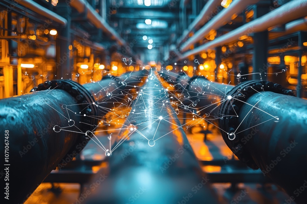 Poster Industrial Pipeline with Abstract Network Overlay