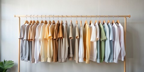 Minimalist Clothing Rack Displaying Neat Rows of Neutral Colored Shirts for Modern Wardrobe Inspiration and Interior Design Aesthetics