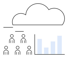 Cloud six human icons, bar graph inside rectangle. Ideal for cloud computing, data analysis, teamwork, statistics, collaboration, technology, and big data themes. Line metaphor