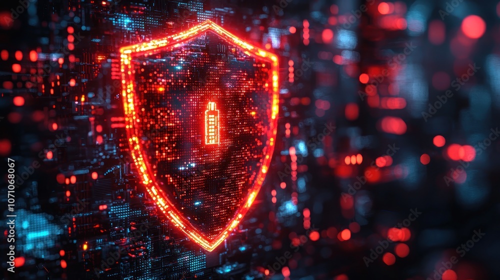 Poster glowing red shield symbol on a digital circuit board