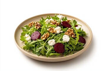 An artfully crafted arugula salad featuring goat cheese walnuts and beetroot on a light colored plate Sunlight accentuates the vivid hues and textures resulting in a lively a