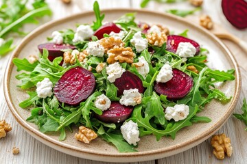 An appealing arugula salad with goat cheese walnuts and beetroot on a beige plate illuminated by natural light that highlights its vibrant colors and textures