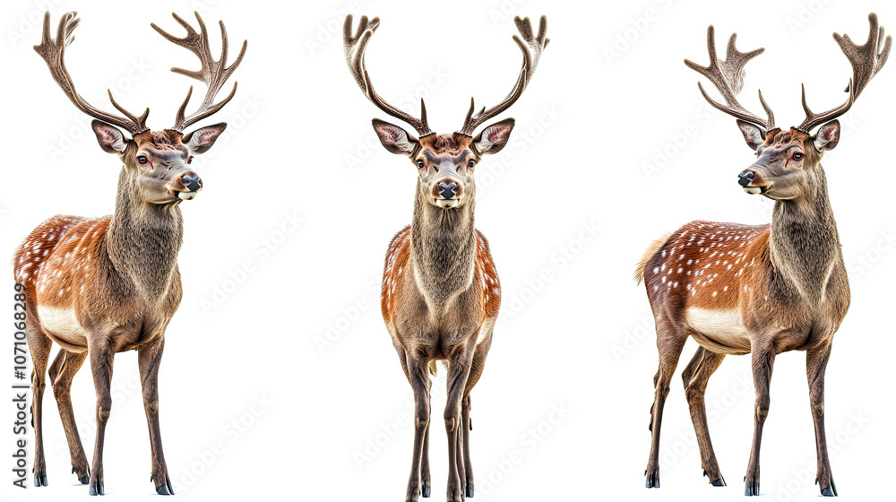 Poster portrait of red deer collection with antlers on transparent background generative ai