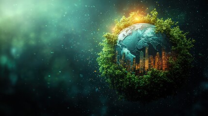 Earth Globe Surrounded by Lush Green Foliage with a Cityscape Visible Through the Leaves