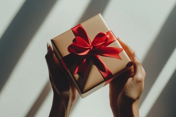 A woman's hand presents a beautifully wrapped gift box with a red ribbon in soft light