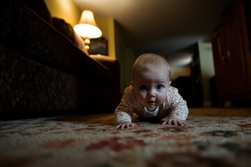 An infant moving on hands and knees in the lounge