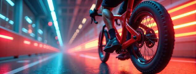 A cyclist navigates a vibrant urban tunnel illuminated by colorful lights during a nighttime ride through the city streets