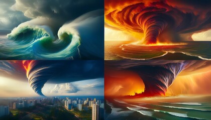  A collage of extreme weather events, including hurricanes, tornadoes, and heatwaves,