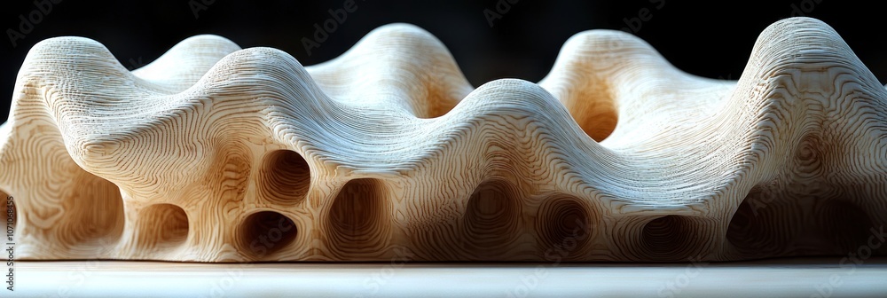 Poster abstract wooden sculpture with curved forms and circular openings