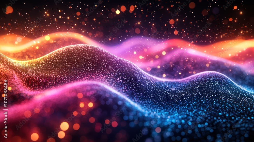 Fototapete abstract wavy pattern of glowing particles and bokeh