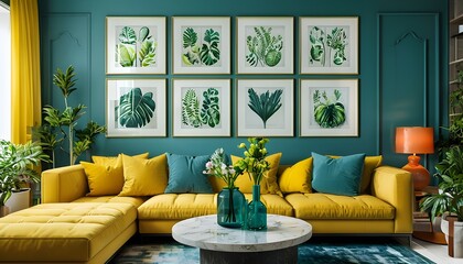 modern living room. The layout features a large, mustard-yellow sectional sofa adorned with a mix of yellow and teal throw pillows