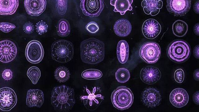 A collection of purple jellyfish, photographed under a microscope, shows the variety of shapes and sizes these creatures can have