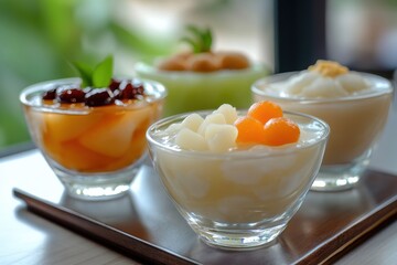 Asian sweets featuring Chinese desserts milk pudding fruit salad ginkgo nuts with cassava syrup and coconut jelly in longan juice served in a glass bowl