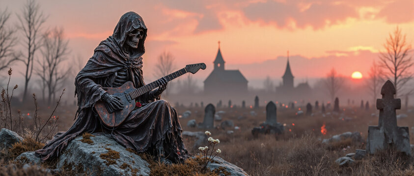 Last light of the setting red sun over the cemetery graveyard is a skeleton grim reaper figure statue wearing a cloak and silently playing a ballad to the dead on his electric guitar.